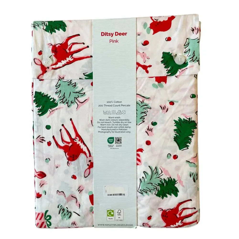 Cath Kidston London 4pc QUEEN Sheet Set Christmas Ditsy Deer Pink Cotton NEW